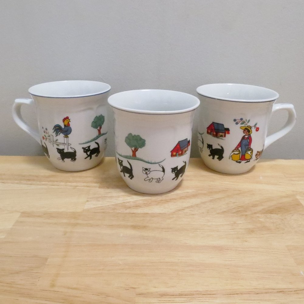 Oneida Genuwine Stoneware Three Coffee Tea Mugs Farm Friends Theme